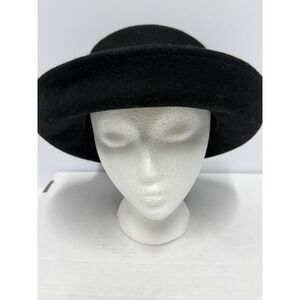 Black Wool Felt Boater Fedora Hat Wide Brim Boho Western Festival Rancher